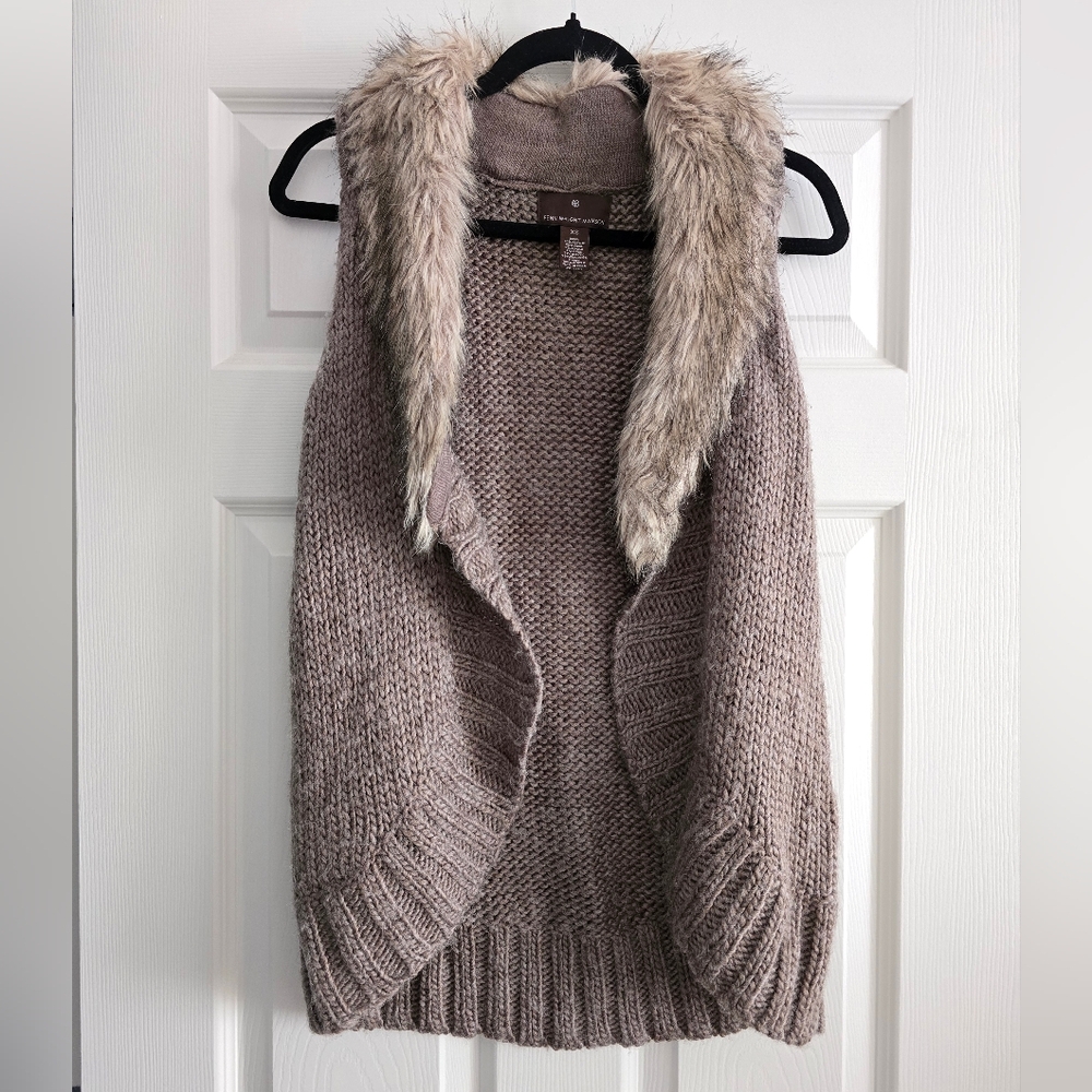 Fenn Wright Manson Taupe Knit Cardigan with Faux Fur Collar